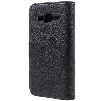 Samsung Galaxy J3 2016 (J320) atverčiamas juodas odinis Litchi dėklas - piniginė / Priedai.lt