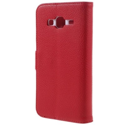 Samsung Galaxy J3 2016 (J320) atverčiamas raudonas odinis Litchi dėklas - piniginė / Priedai.lt