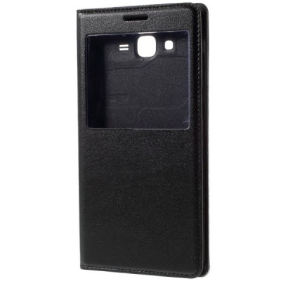 Samsung Galaxy J7 (J700) juodas odinis atverčiamas dėklas su langeliu / Priedai.lt
