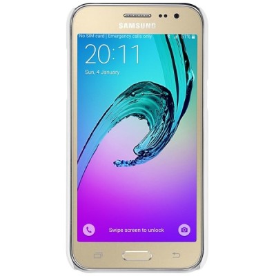 Samsung Galaxy J2 (J200) Nillkin Frosted Shield baltas plastikinis dėklas + apsauginė ekrano plėvelė / Priedai.lt