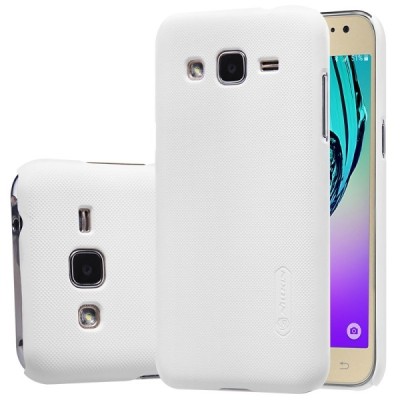 Samsung Galaxy J2 (J200) Nillkin Frosted Shield baltas plastikinis dėklas + apsauginė ekrano plėvelė / Priedai.lt