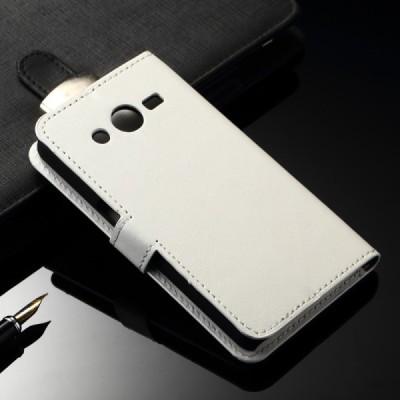 Samsung Galaxy J2 (J200) atverčiamas baltas odinis dėklas - piniginė / Priedai.lt