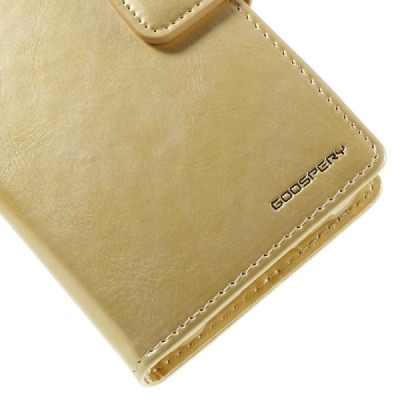 Mercury Blue Moon atverčiamas Samsung Galaxy J1 Ace (J110) auksinis odinis dėklas - piniginė / Priedai.lt