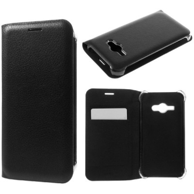Samsung Galaxy J1 Ace (J110) juodas odinis atverčiamas Smart Wallet dėklas - piniginė / Priedai.lt