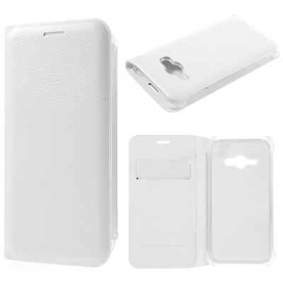 Samsung Galaxy J1 Ace (J110) baltas odinis atverčiamas Smart Wallet dėklas - piniginė / Priedai.lt