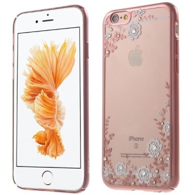 Apple iPhone 6 (6s) „Kavaro“ Flowers plastikinis skaidrus permatomas rožinis dėklas su kristalais / Priedai.lt