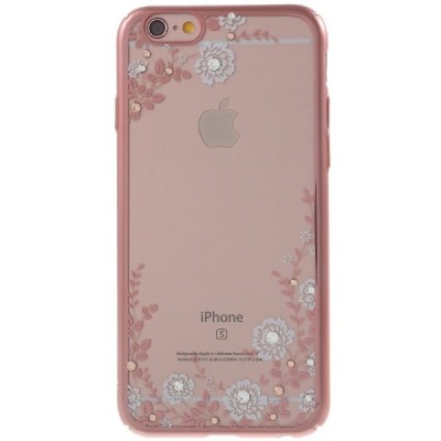 Apple iPhone 6 (6s) „Kavaro“ Flowers plastikinis skaidrus permatomas rožinis dėklas su kristalais / Priedai.lt