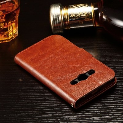 Samsung Galaxy Xcover 3 (G388) atverčiamas rudas odinis dėklas - piniginė / Priedai.lt