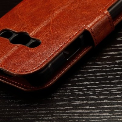 Samsung Galaxy Xcover 3 (G388) atverčiamas rudas odinis dėklas - piniginė / Priedai.lt