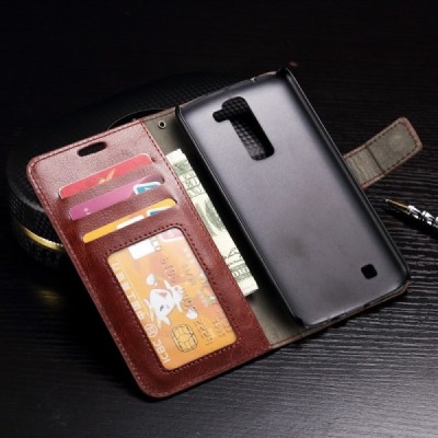 LG K10 (K420N) atverčiamas rudas odinis dėklas - piniginė / Priedai.lt