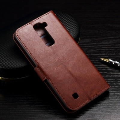 LG K10 (K420N) atverčiamas rudas odinis dėklas - piniginė / Priedai.lt