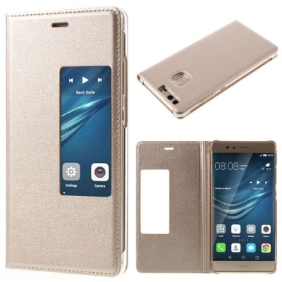 Huawei P9 auksinis odinis atverčiamas dėklas su langeliu / Priedai.lt
