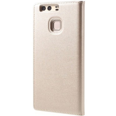 Huawei P9 auksinis odinis atverčiamas dėklas su langeliu / Priedai.lt