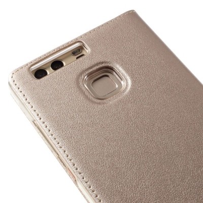 Huawei P9 auksinis odinis atverčiamas dėklas su langeliu / Priedai.lt
