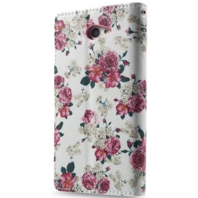 Atverčiamas Xperia M2 Aqua gėlėtas baltas dėklas (piniginė) / Priedai.lt