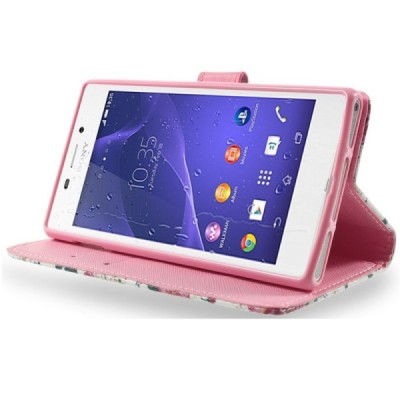 Atverčiamas Xperia M2 Aqua gėlėtas baltas dėklas (piniginė) / Priedai.lt