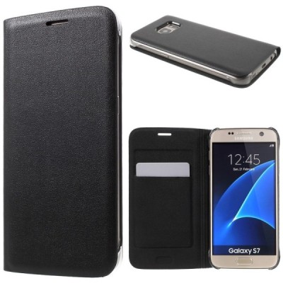Samsung Galaxy S7 (G930) juodas odinis atverčiamas Smart Wallet dėklas - piniginė / Priedai.lt