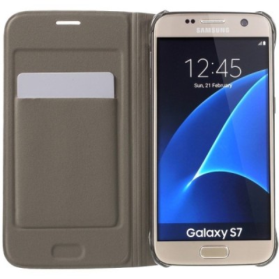 Samsung Galaxy S7 (G930) auksinis odinis atverčiamas Smart Wallet dėklas - piniginė / Priedai.lt