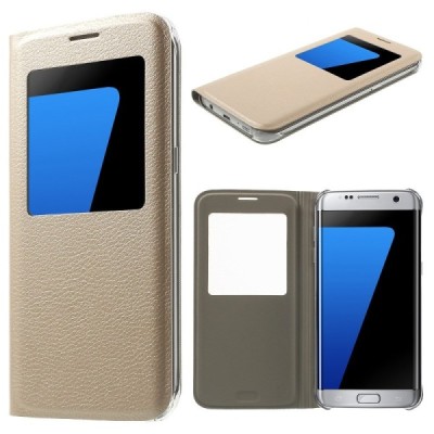 Samsung Galaxy S7 Edge (G935) auksinis odinis atverčiamas dėklas su langeliu / Priedai.lt