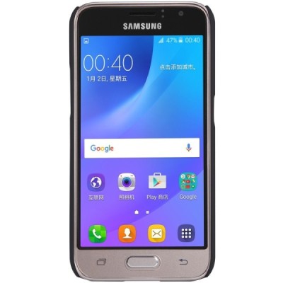 Samsung Galaxy J1 2016 (J120) Nillkin Frosted Shield juodas plastikinis dėklas + apsauginė ekrano plėvelė / Priedai.lt
