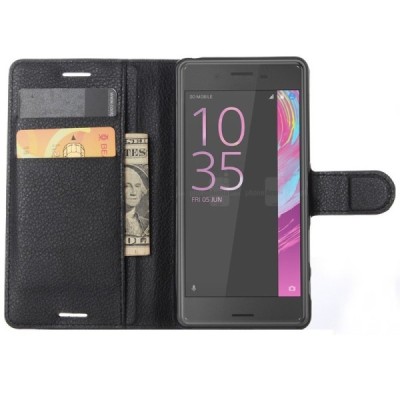 Sony Xperia X (F5121, F5122) atverčiamas juodas odinis dėklas - piniginė / Priedai.lt