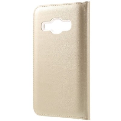 Samsung Galaxy J1 2016 (J120) auksinis odinis atverčiamas dėklas su langeliu / Priedai.lt