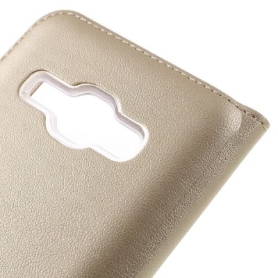 Samsung Galaxy J1 2016 (J120) auksinis odinis atverčiamas dėklas su langeliu / Priedai.lt