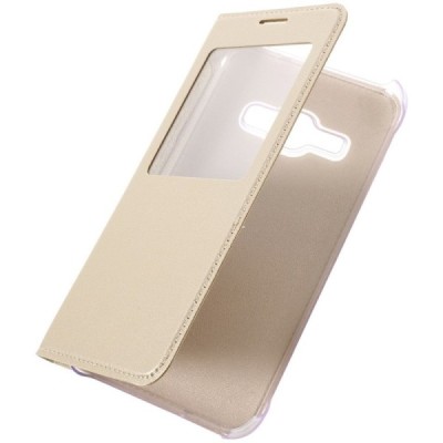 Samsung Galaxy J1 2016 (J120) auksinis odinis atverčiamas dėklas su langeliu / Priedai.lt