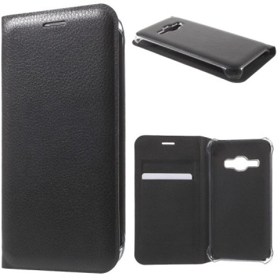 Samsung Galaxy J1 2016 (J120) juodas odinis atverčiamas Smart Wallet dėklas - piniginė / Priedai.lt