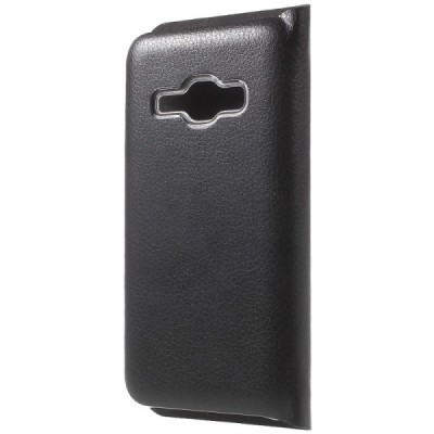 Samsung Galaxy J1 2016 (J120) juodas odinis atverčiamas Smart Wallet dėklas - piniginė / Priedai.lt