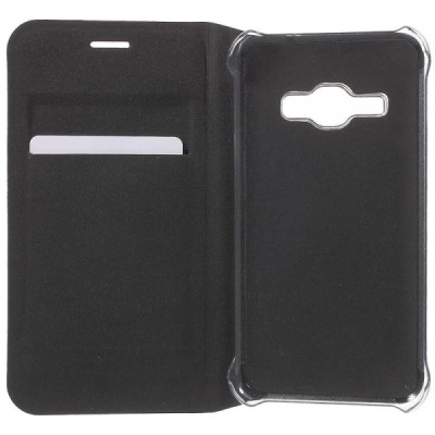 Samsung Galaxy J1 2016 (J120) juodas odinis atverčiamas Smart Wallet dėklas - piniginė / Priedai.lt