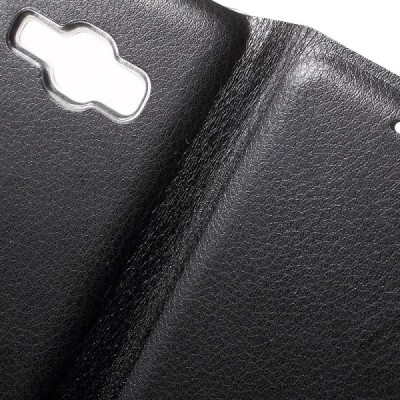Samsung Galaxy J1 2016 (J120) juodas odinis atverčiamas Smart Wallet dėklas - piniginė / Priedai.lt