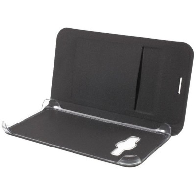 Samsung Galaxy J1 2016 (J120) juodas odinis atverčiamas Smart Wallet dėklas - piniginė / Priedai.lt