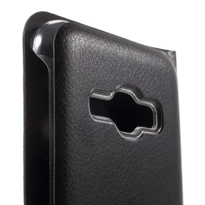 Samsung Galaxy J1 2016 (J120) juodas odinis atverčiamas Smart Wallet dėklas - piniginė / Priedai.lt