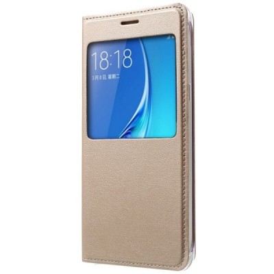 Samsung Galaxy J5 2016 (J510) auksinis odinis atverčiamas dėklas su langeliu / Priedai.lt