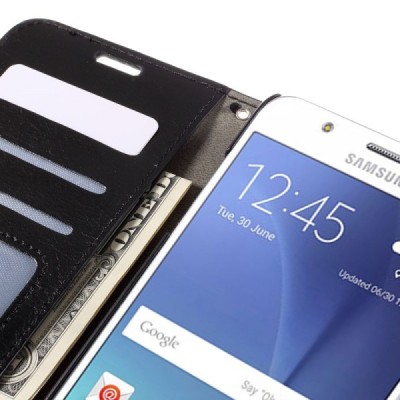Samsung Galaxy J5 2016 (J510) atverčiamas juodas odinis dėklas - piniginė / Priedai.lt