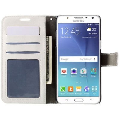 Samsung Galaxy J5 2016 (J510) atverčiamas baltas odinis dėklas - piniginė / Priedai.lt