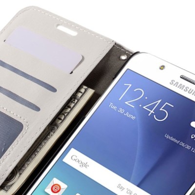 Samsung Galaxy J5 2016 (J510) atverčiamas baltas odinis dėklas - piniginė / Priedai.lt