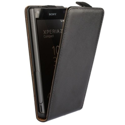 Sony Xperia Z5 Compact klasikinis vertikaliai atverčiamas juodas odinis dėklas / Priedai.lt