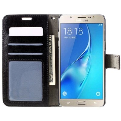 Samsung Galaxy J7 2016 (J710) atverčiamas juodas odinis dėklas - piniginė / Priedai.lt