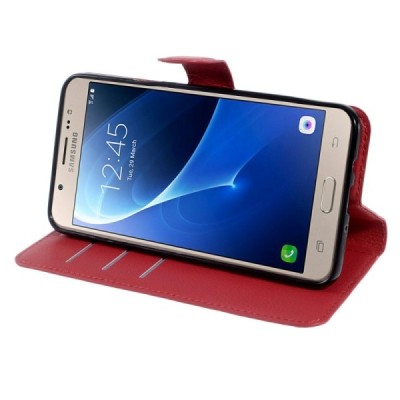Samsung Galaxy J7 2016 (J710) atverčiamas raudonas odinis dėklas - piniginė / Priedai.lt