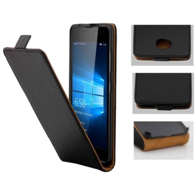 Microsoft Lumia 650 klasikinis vertikaliai atverčiamas juodas odinis dėklas / Priedai.lt