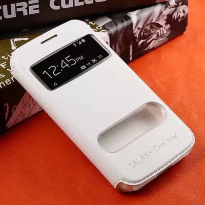Samsung Galaxy Core Prime baltas atverčiamas dėklas su langeliu  / Priedai.lt