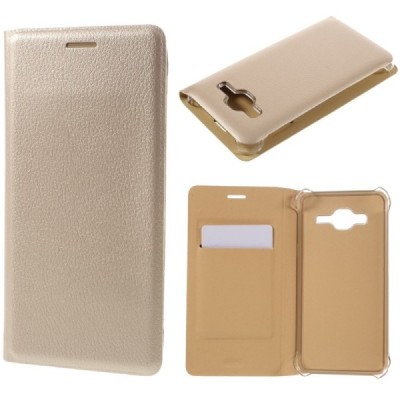 Samsung Galaxy J3 2016 (J320) auksinis odinis atverčiamas Smart Wallet dėklas - piniginė / Priedai.lt