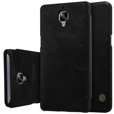 Prabangus „Nillkin“ Qin serijos juodas odinis atverčiamas OnePlus 3 (Three) dėklas - knygutė / Priedai.lt