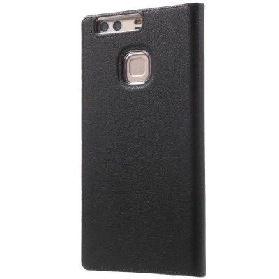 Huawei P9 Plus juodas odinis atverčiamas „Smart Window“ dėklas su langeliu / Priedai.lt
