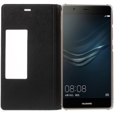 Huawei P9 Plus juodas odinis atverčiamas „Smart Window“ dėklas su langeliu / Priedai.lt