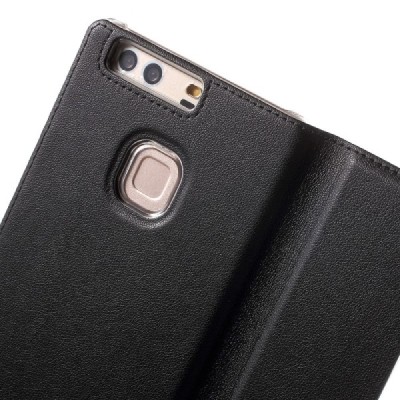Huawei P9 Plus juodas odinis atverčiamas „Smart Window“ dėklas su langeliu / Priedai.lt
