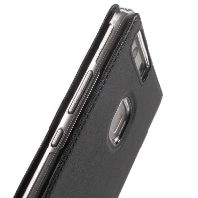 Huawei P9 Plus juodas odinis atverčiamas „Smart Window“ dėklas su langeliu / Priedai.lt