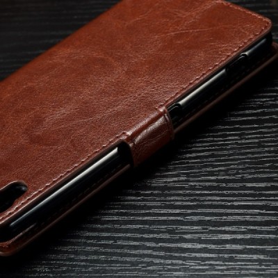 Sony Xperia XA atverčiamas rudas odinis dėklas - piniginė / Priedai.lt